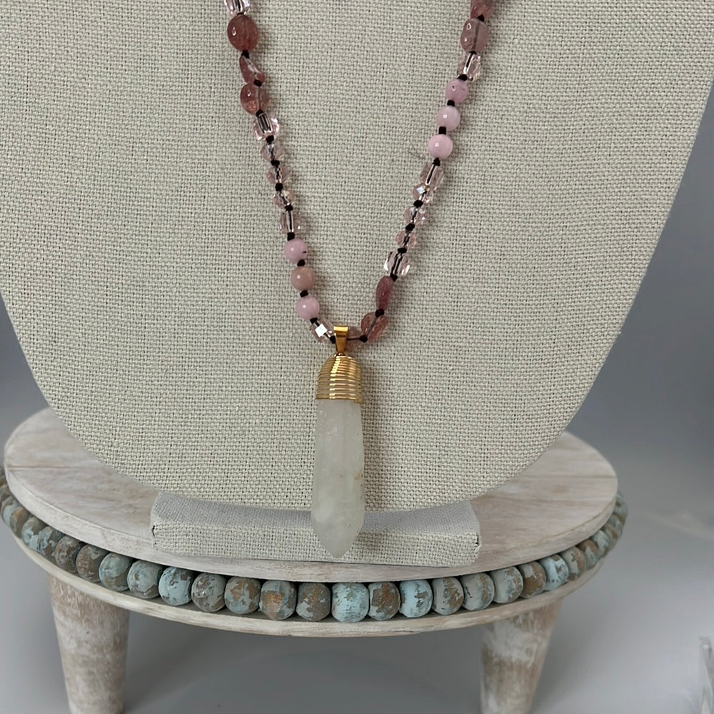 
                  
                    Pink Opal and Strawberry Quartz necklace with a Quart pendant
                  
                