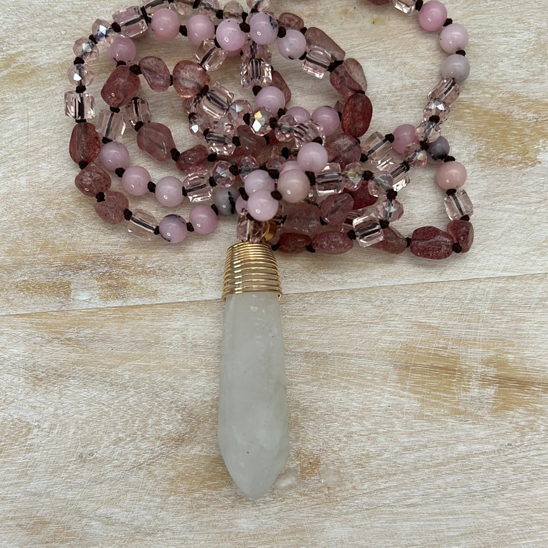 
                  
                    Pink Opal and Strawberry Quartz necklace with a Quart pendant
                  
                